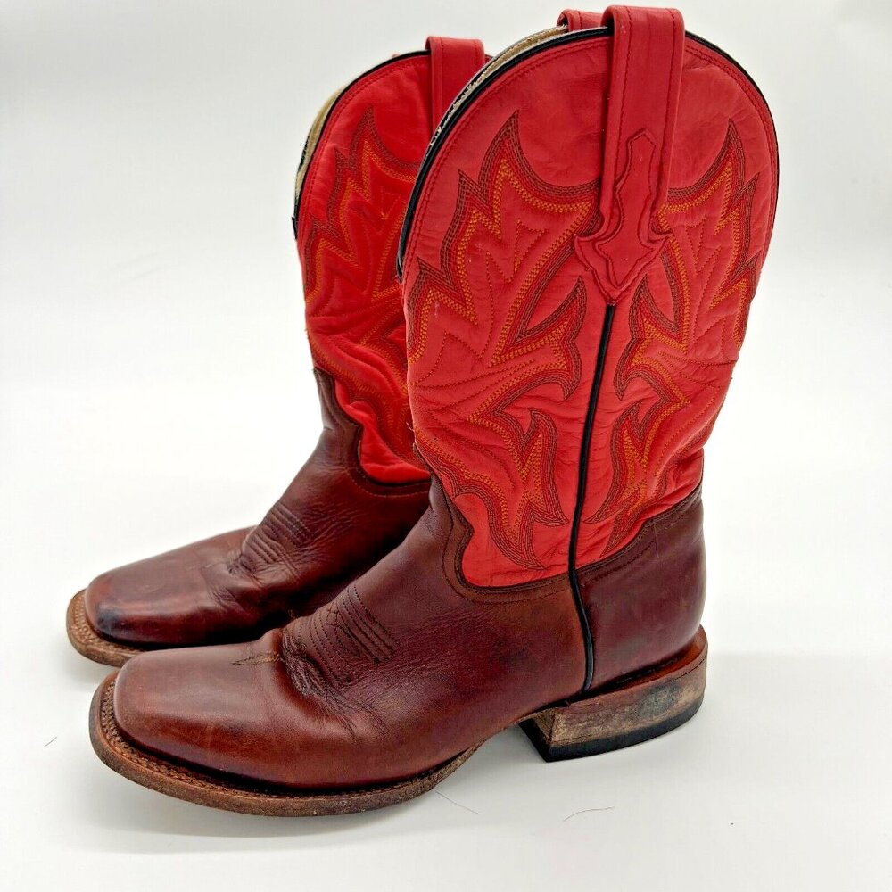 Stetson Womens Handmade Red Brown Leather Square Toe Boots 7.5 12-021-8801-204